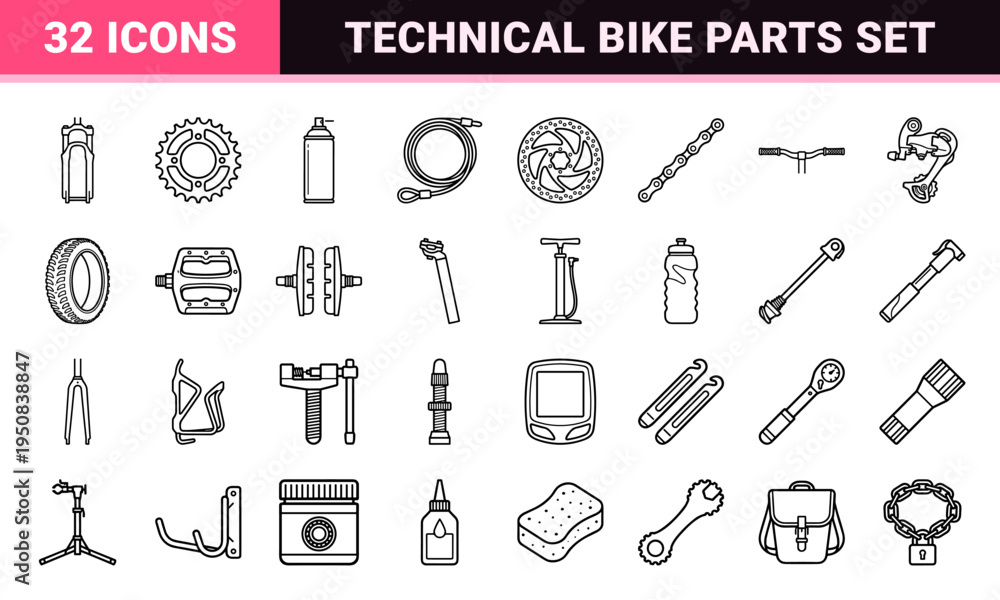 Fototapeta premium Technical Bicycle Component and Repair Tool Monoline Symbols for Cycling Maintenance and Workshop Schematics with Minimalist Line Aesthetic