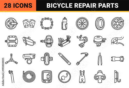 Professional Bicycle Components and Cycling Gear Monoline Symbols featuring technical outline aesthetic for bike maintenance and racing kits.