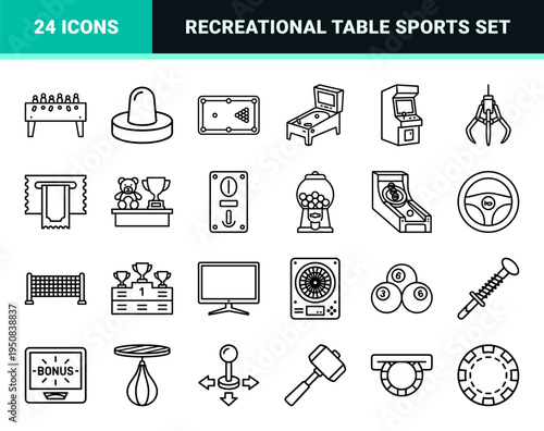 Monoline Recreational Gaming and Arcade Entertainment Symbols featuring Minimalist Vector Contours for Commercial Interface Design