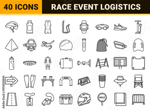 Triathlon Race and Endurance Sports Monoline Symbols Featuring Swimming Cycling Running Gear and Athlete Event Management Logistics