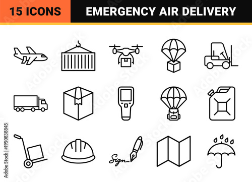 Logistics and Emergency Supply Air Drop Monoline Graphics for Humanitarian Aid and Global Distribution Services