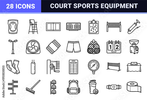 Volleyball Court Sports Equipment Monoline Symbols for Tournament Signage and Athletic Coaching Graphics. Refined Minimalist Outline Style.