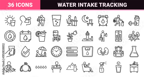 Hydration Habits and Water Intake Management Monoline Symbols. Minimalist Outline Icons for Wellness Tracking, Daily Fluid Balance and Health.