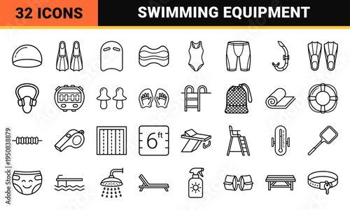 Professional Aquatic Sports and Swimming Gear Monoline Symbols. High-Clarity Technical Outline Graphic Assets for Competitive Pool Recreation.