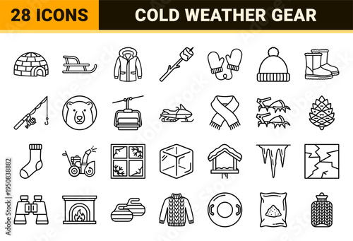 Winter Season Monoline Outline Symbols for Outdoor Recreation and Cold Weather Essentials Featuring High Contrast Technical Line Art Aesthetics