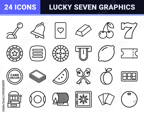 Gambling and Casino Slot Machine Line Symbols featuring Lucky Seven and Betting Equipment in a Technical Monoline Style for Digital Interfaces