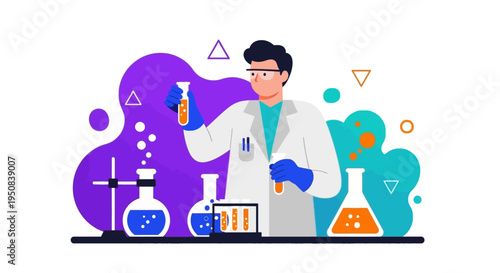 A scientist in a lab coat is examining a test tube with a colorful liquid, surrounded by various laboratory equipment and vibrant chemical solutions.
