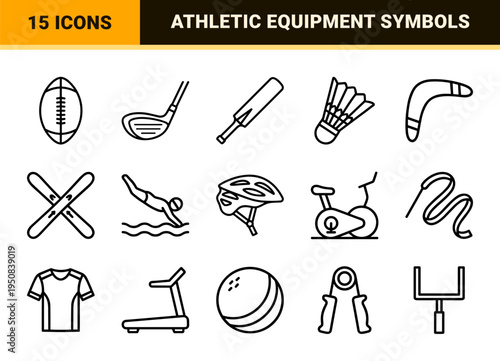 Professional Athletic Equipment Monoline Symbols for Sports Apps and Fitness UI Featuring Sophisticated Minimalist Black Outline Geometry