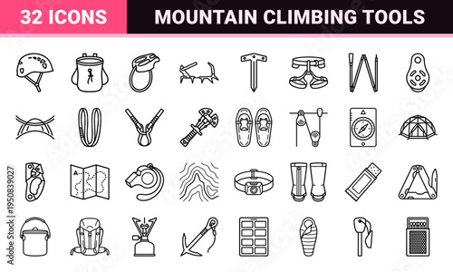 Extreme Ice Climbing and Mountaineering Gear Monoline Symbols featuring Technical Alpine Equipment and Survival Tools in Sleek 1.25pt Outlines
