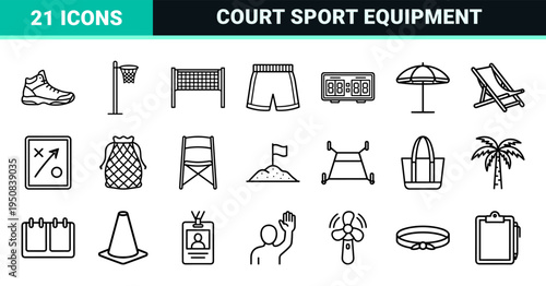 Professional Volleyball League and Beach Tournament Monoline Symbols. High-Utility Athletic Equipment and Court Logistics Visual DNA.