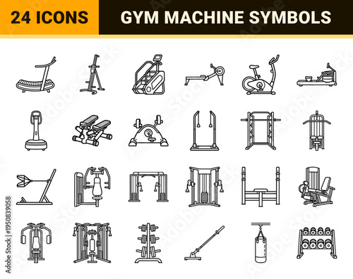 Commercial Fitness Equipment and Cardio Machine Monoline Icons featuring Minimalist Technical Line Art for Gym Design and Wellness Apps