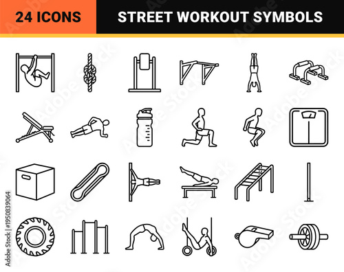 Calisthenics and Bodyweight Fitness Monoline Symbols Featuring Outdoor Gym Equipment and Street Workout Exercises in Sleek Vector Line Art Style