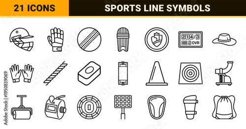 Professional Cricket Equipment and Tournament Logistics Monoline Symbols featuring Minimalist Outline Aesthetic for Sports Interface Design