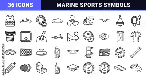 Personal Watercraft and Marine Recreation Technical Monoline Symbols for Aquatic Sports Equipment and Jet Ski Maintenance Utility