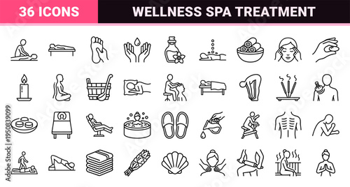 Wellness Therapy and Professional Massage Monoline Outline Symbols for Holistic Health Spa Services and Bodywork Treatment Interface Design