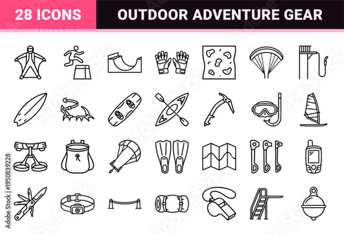 Extreme Sports Equipment and Outdoor Adventure Gear Neo-Line Art Symbols with Sophisticated Monoline Outlines for Professional Media Layouts