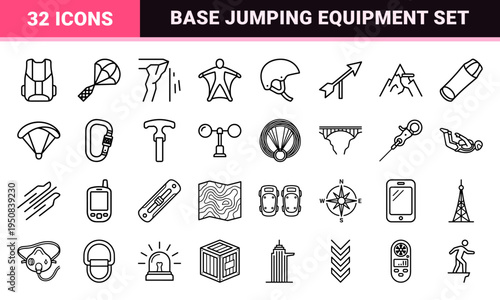 Extreme Base Jumping and Wingsuit Flying Monoline Symbols featuring Technical Parachute Gear and Skydiving Equipment in Minimalist Outline Style