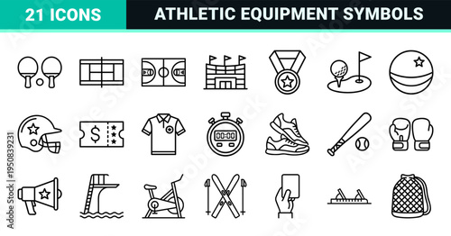 Athletic Competition and Physical Education Line Art Symbols Featuring Professional Monoline Equipment and Tournament Championship Elements