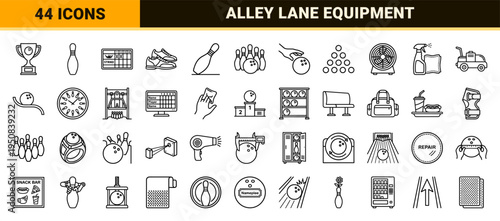 Ten-Pin Bowling and Leisure Sports Infrastructure Symbols Featuring Minimalist Monoline Aesthetic for Commercial Recreation Branding