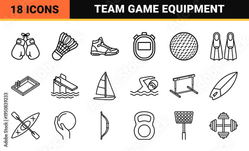 Professional Team Sports and Athletics Equipment Monoline Symbols, Minimalist 1.25pt Outline UI Graphics for Competitive Gaming and Fitness