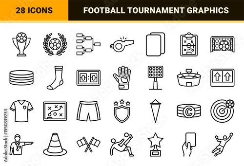 Professional Soccer Tournament and League Management Line Art Symbols featuring Minimalist Monoline Aesthetics for Competitive Sports Apps.