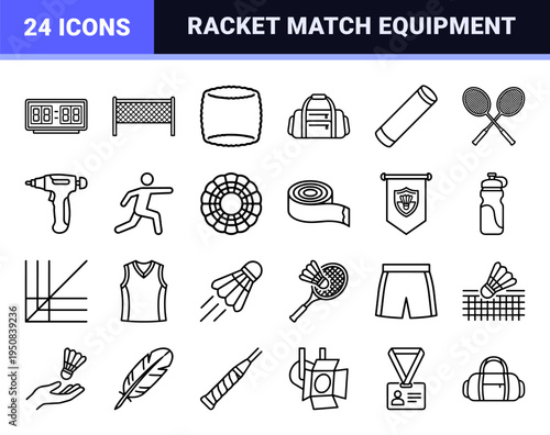 Badminton and Racket Sports Equipment Line Art Symbols featuring Shuttlecocks Rackets and Tournament Gear in Minimalist Monoline Aesthetic