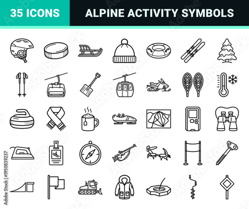 Winter Sports and Alpine Recreation Monoline Icon Set featuring Minimalist Black Outlines for Skiing, Snowboarding, and Cold Weather Activity