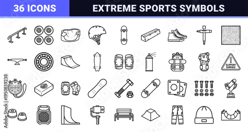 Extreme Sports Equipment and Skateboarding Culture Line Art Symbols featuring Skateboard Decks Safety Gear and Urban Infrastructure Elements.