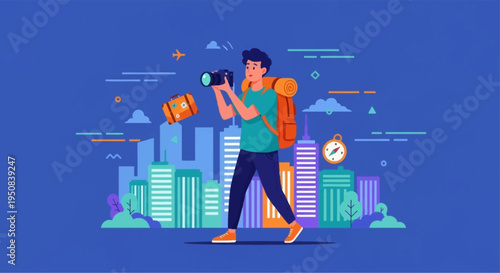 a young man with a backpack and camera walking in a city, symbolizing travel and exploration. This image can be used for marketing, travel brochures, or lifestyle blogs.