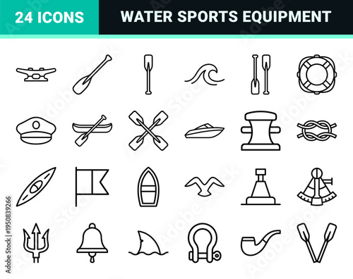 Nautical Rowing Equipment and Water Sports Minimalist Monoline Symbols for Technical Diagrams and Professional Marine Navigation Branding