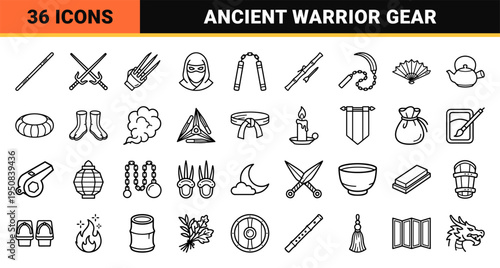 Martial Arts Shinobi Weaponry Monoline Symbols Featuring Stealth Tactics Gear and Ancient Combat Equipment in High legibility Minimalist Aesthetic.