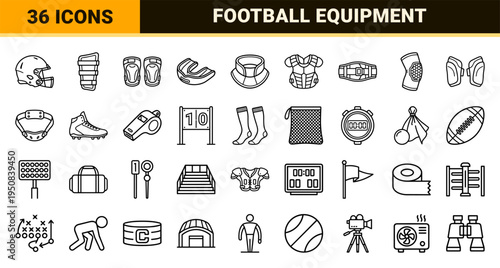 Professional American Football Equipment and Protective Gear Monoline Icons for Athletic Training and Team Sports Safety Utility