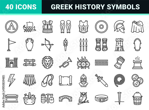 Ancient Greek Spartan Warrior Monoline Symbols for Historical Strategy Games and Educational Interface Design with Minimalist Line Art Aesthetic