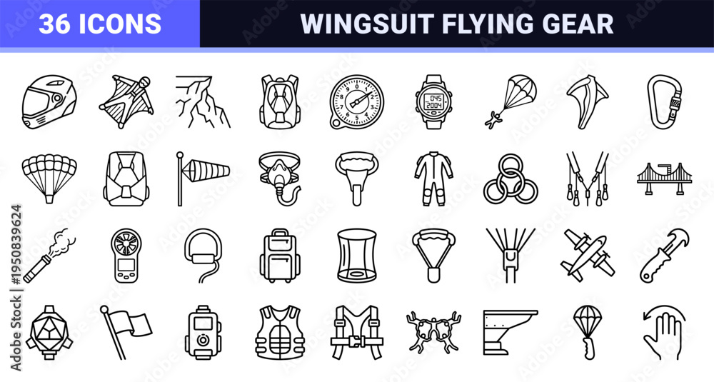 Fototapeta premium Extreme Air Sports Neo-Line Symbols for Wingsuit Flying and Base Jumping featuring Technical Parachute Gear and Altitude Tracking Instruments