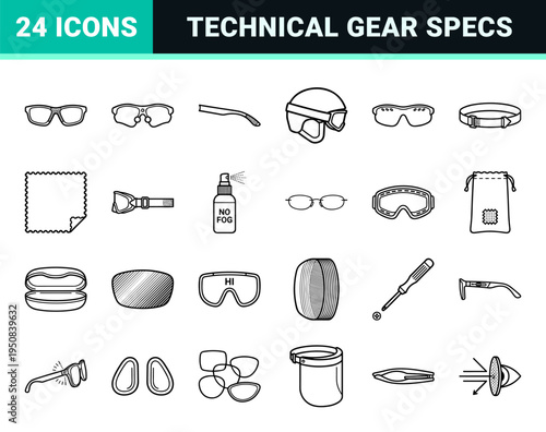 Technical Eye Protection and Performance Optics Symbols in Professional Monoline Style for Safety Equipment and Sports Gear Specifications