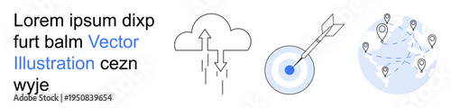 Cloud computing, digital transformation, business goals, global networking, data management, and strategy icons. Cloud with arrows, bullseye target and globe with location markers. Cloud computing