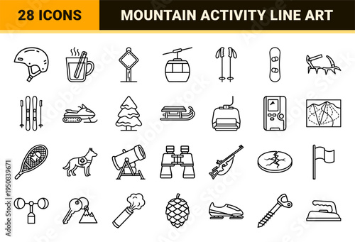 Winter Sports and Alpine Recreation Monoline Symbols for Ski Resort Maps and Seasonal Outdoor Activity Digital Interface Design