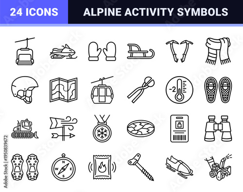 Winter Sports and Alpine Recreation Line Art Featuring Minimalist Monoline Symbols for Skiing Snowboarding and Mountain Activity Interfaces