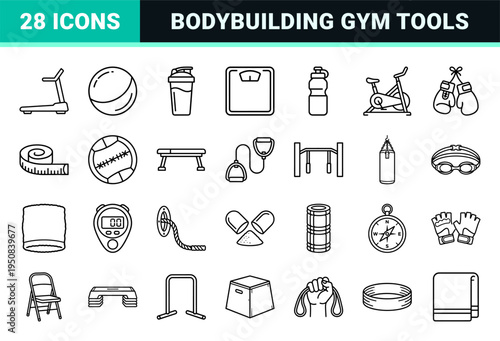 Fitness and Bodybuilding Monoline Outline Symbols Featuring Biceps Weights and Gym Equipment in Sleek Minimalist Aesthetic