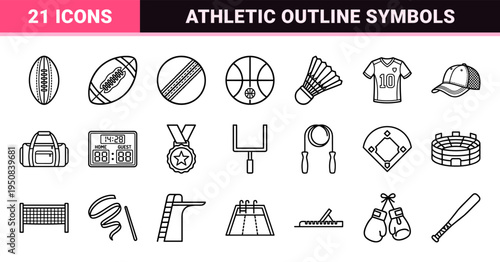 Professional Minimalist Sport Equipment Outline Symbols for Athletic Branding and Competitive Tournament Web Interfaces Thin Monoline Design
