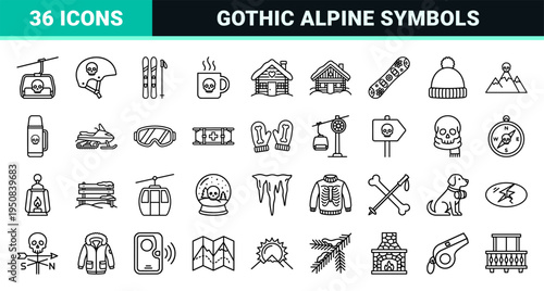 Gothic Winter Sports Monoline Outline Symbols Featuring Macabre Alpine Elements and Minimalist Ski Resort Aesthetic for Commercial Interface Design