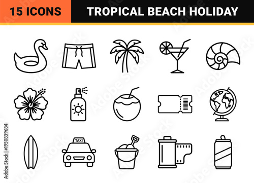 Summer Vacation and Tropical Travel Linear Monoline Symbols featuring Minimalist Outline Aesthetic for Tourism Web Interface and App Design