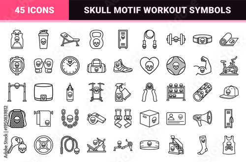 Hardcore Gym Lifestyle and Edgy Fitness Gear Symbols featuring Minimalist Skull Motif in 1.25pt Technical Monoline Outline Aesthetic.