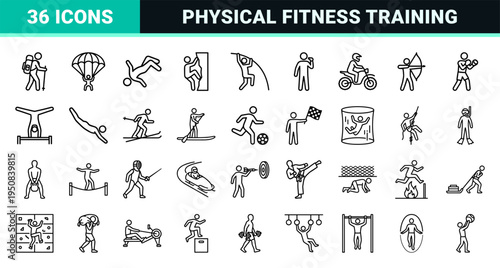 Extreme Sports and Olympic Athletics Monoline Symbols Featuring Minimalist Humanoid Silhouettes for Competitive Fitness and Outdoor Recreation