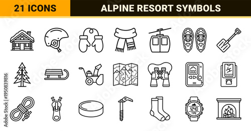 Minimalist Winter Sports and Alpine Equipment Monoline Outlines for Technical Design and Ski Resort Wayfinding Systems