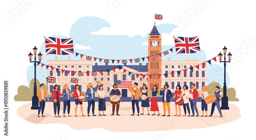 Illustration of a diverse group of people celebrating in front of a British landmark with flags and bunting in a festive atmosphere.
