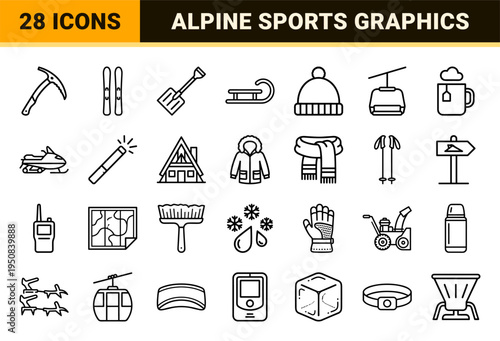 Winter Sports and Alpine Recreation Monoline Symbols featuring High-Clarity Outlines for Skiing, Snowboarding, and Cold Weather Activity UI UX