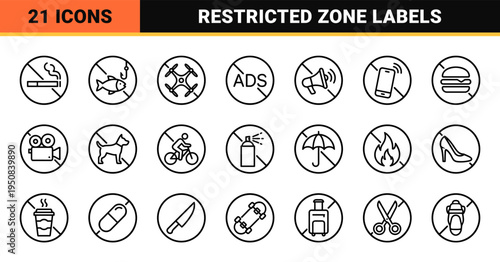 Prohibited Activities Warning Signs Mono-Line Style for Public Safety Information Wayfinding and Regulatory Compliance Signage Systems