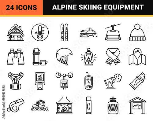 Winter Sports and Alpine Recreation Outline Symbols Featuring Minimalist Monoline Aesthetics for Ski Resort Navigation and Outdoor Apps