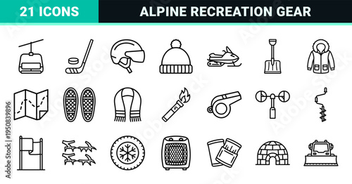 Winter Sports and Alpine Recreation Neo-Line Art Symbols Featuring Minimalist Monoline Equipment for Outdoor Seasonal Activity Interface Design